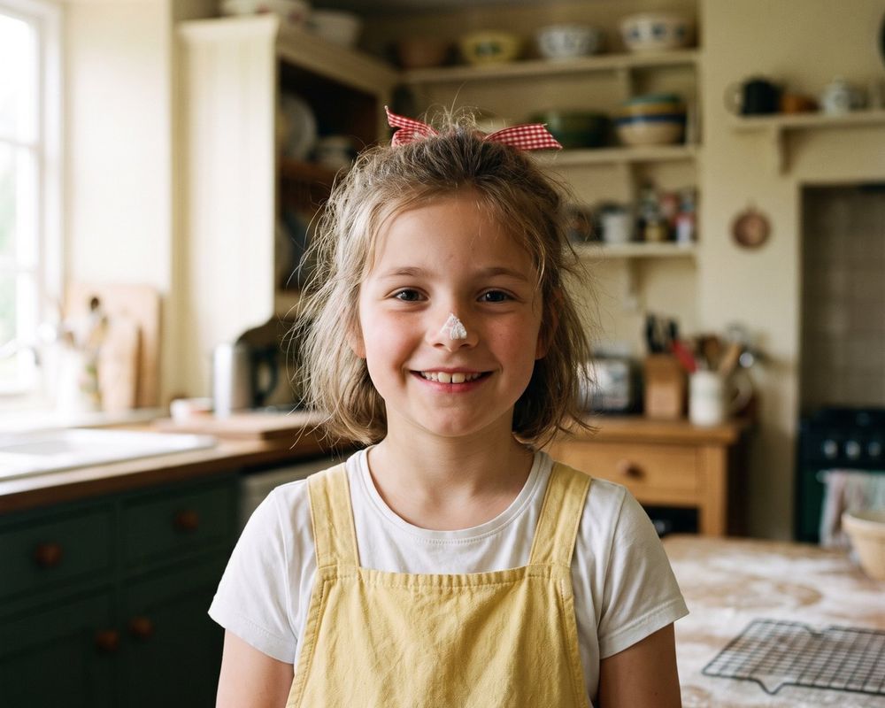 A girl smiling with flour on the tip of her nose