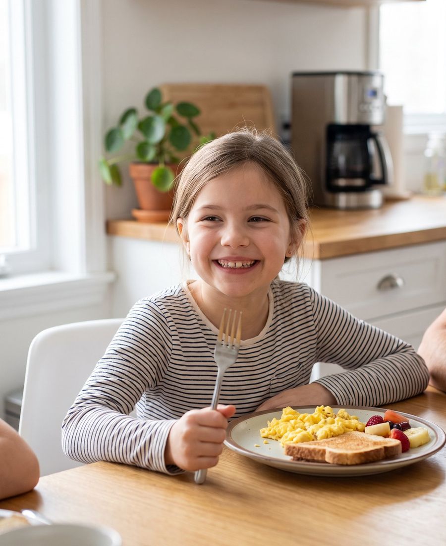 A girl laughing at lunch