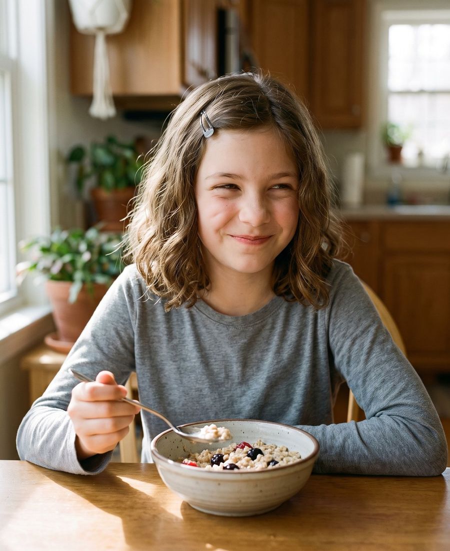 A girl eating a real lunch and laughing