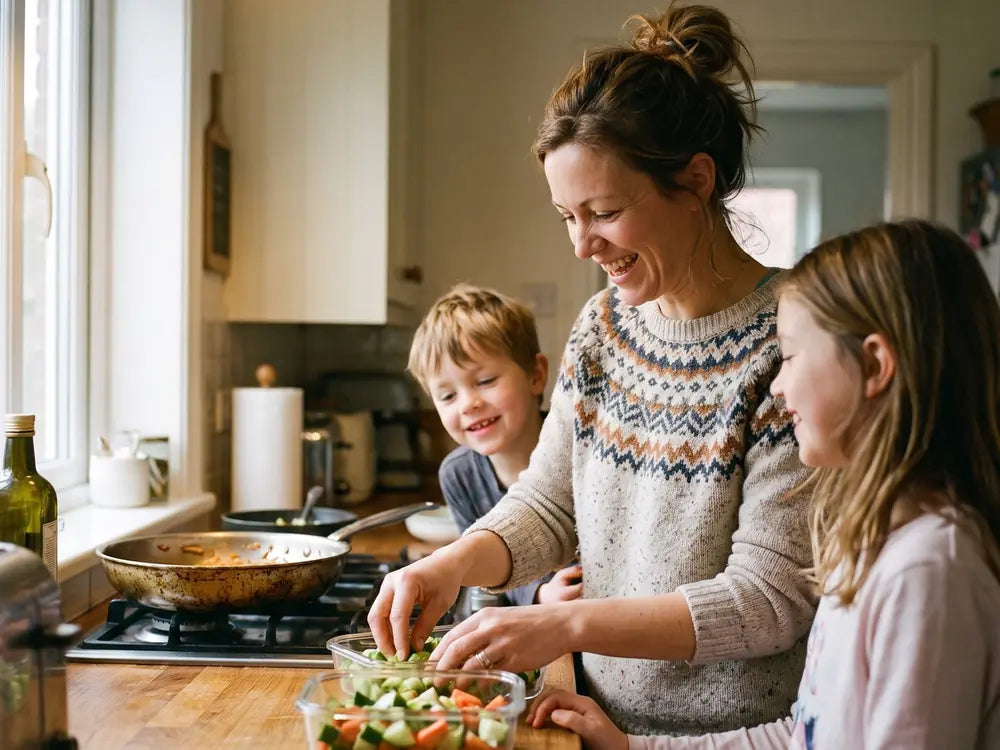 A mom packing lunch with her kids